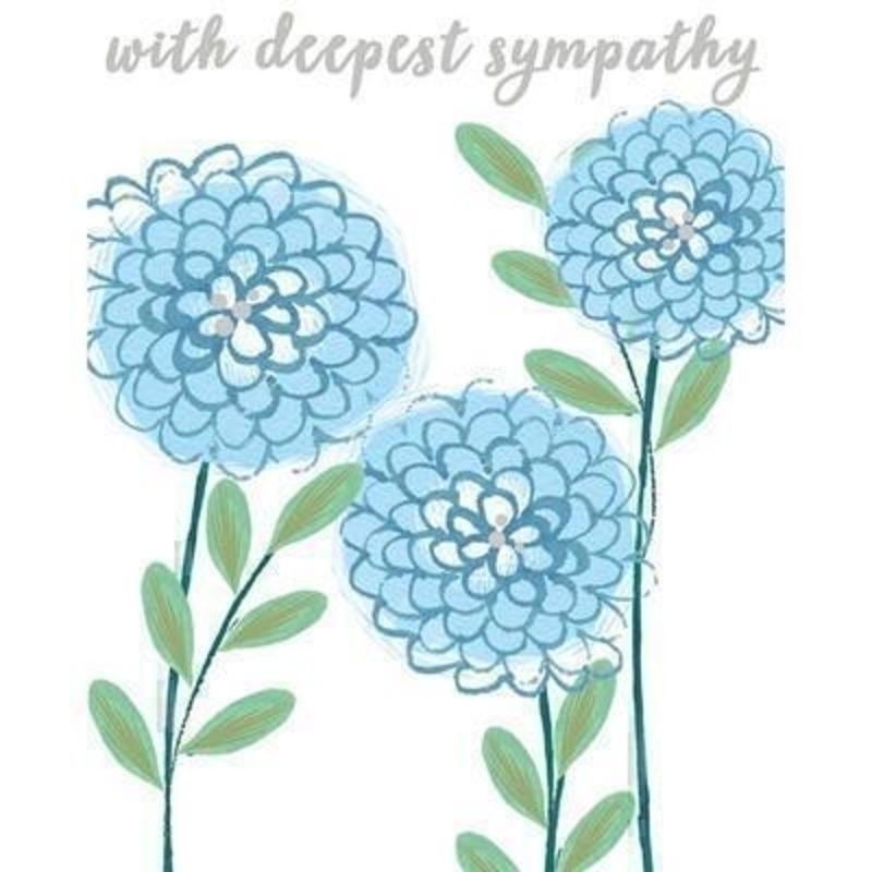 Flowers With Deepest Sympathy card by Liz and Pip. This quality sympathy card is embossed and hot foiled stamped and depicts blue flowers. Blank inside for your own message. 120x150mm